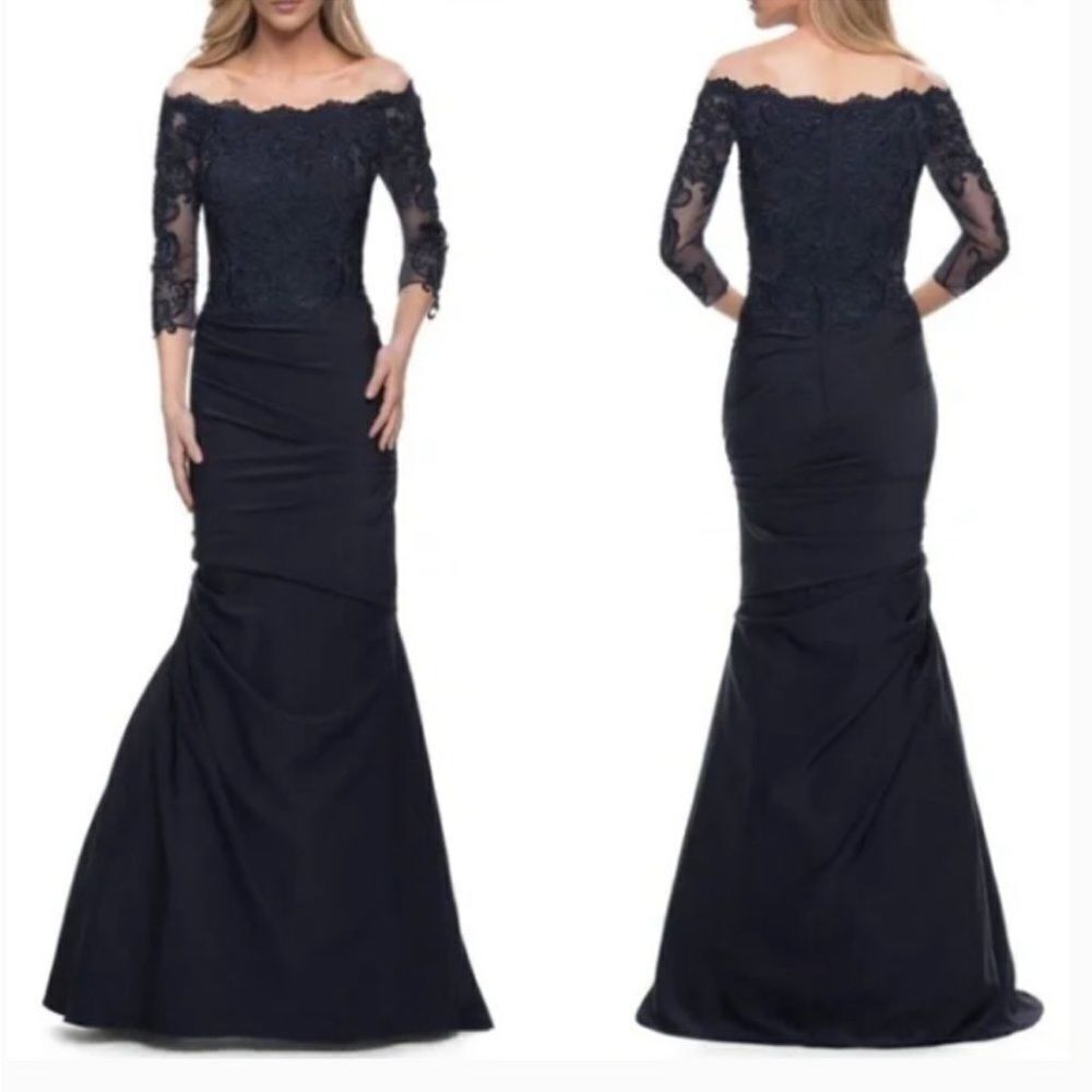 La Femme 29324 Off Shoulder Trumpet Evening Dress Navy size 16 NWT $618